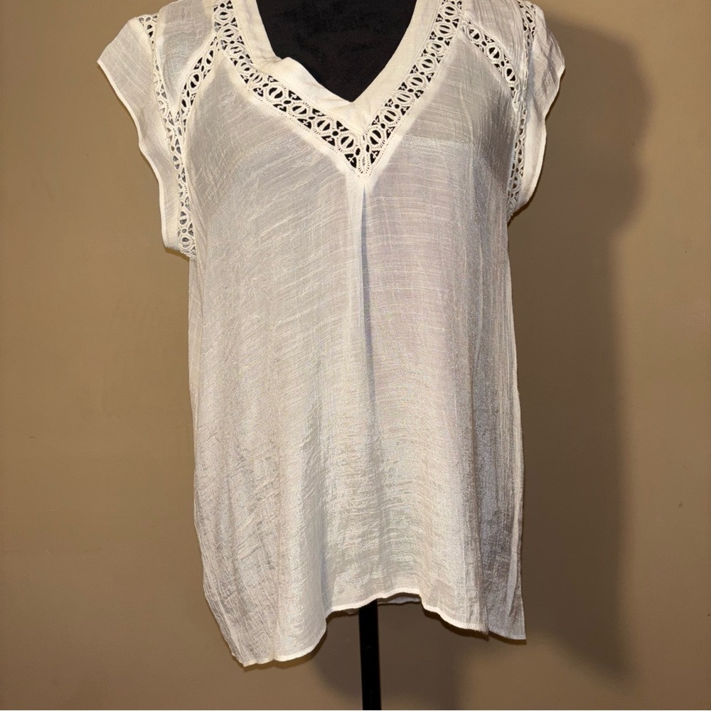 Jennie & Marlis Chic White Lace Accent Women's Blouse Ethereal Boho L